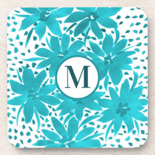 Monogram Turquoise Daisy Watercolor Bouquet       Coaster