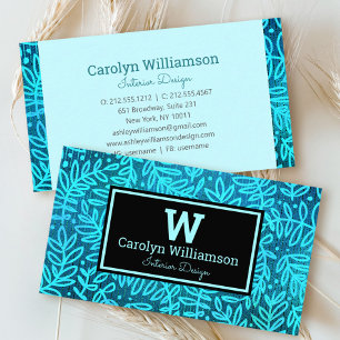 Monogram turquoise foliage leaves pattern modern business card