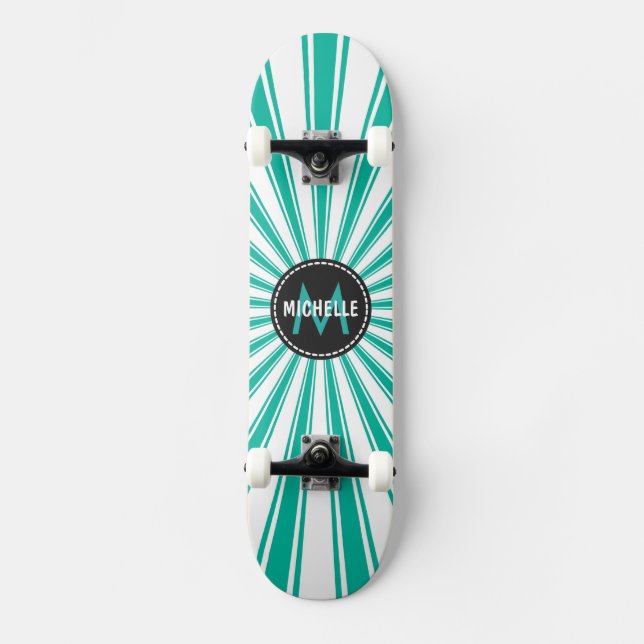 Monogram Turquoise Funky Sun Rays Pattern Skateboard (Front)