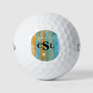 Monogram Turquoise Gold Glitter Elegant Chic Girly Golf Balls