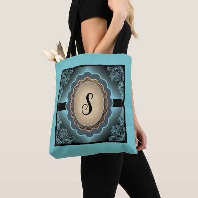 Monogram Turquoise Lace Tote Bag (Close Up)