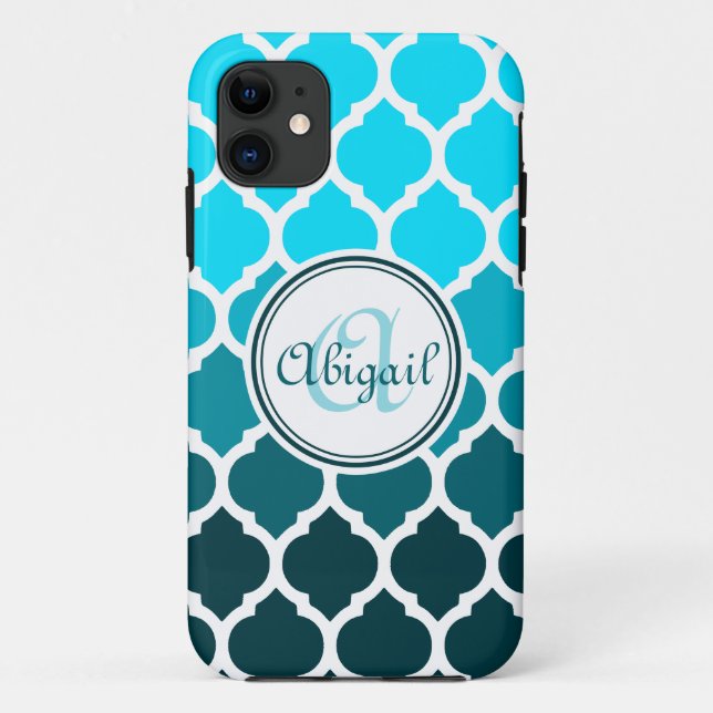 Monogram Turquoise Ombre Moroccan Lattice Pattern Case-Mate iPhone Case (Back)