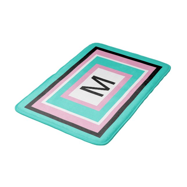 Monogram Turquoise Pink Black Geometric Bath Mat (Angled)