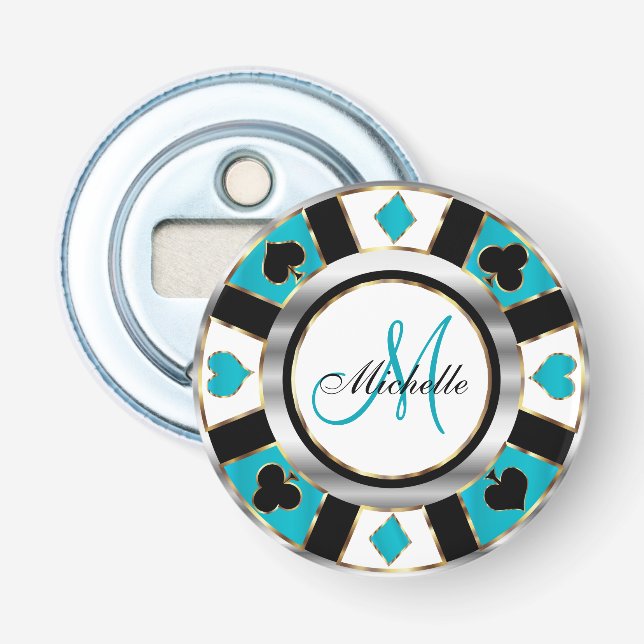 Monogram Turquoise Poker Chip Design Bottle Opener (Front)