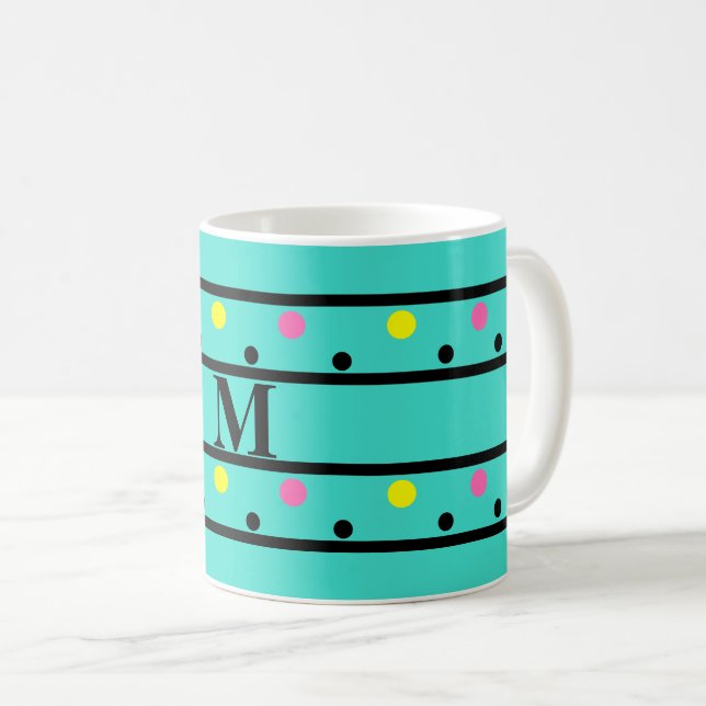 Monogram Turquoise Polka Dots Coffee Mug (Front Right)