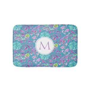 Monogram Turquoise Purple Floral Pattern Bath Mat