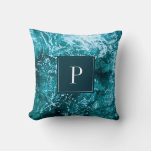 Monogram Turquoise Sea Waves Name Personalized Throw Pillow