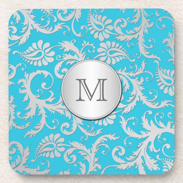 Monogram Turquoise Silver Damask Coaster Set (6) (Front)