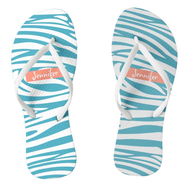 Monogram Turquoise Striped Zebra Pattern Trendy Flip Flops (Footbed)