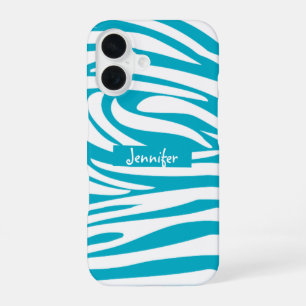 Monogram Turquoise Striped Zebra Pattern Trendy iPhone 16 Case