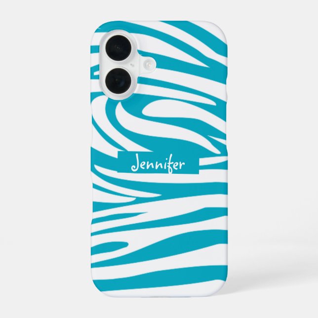 Monogram Turquoise Striped Zebra Pattern Trendy iPhone 16 Case (Back)