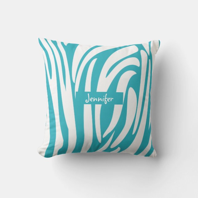 Monogram Turquoise Striped Zebra Pattern Trendy Throw Pillow (Front)