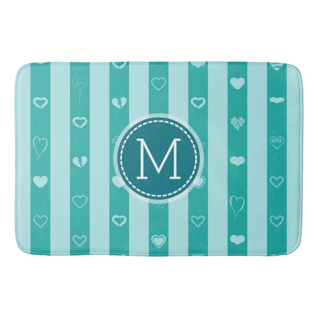 Monogram Turquoise Stripes Modern Heart Pattern Bath Mat (Front)