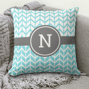 Monogram Turquoise White Chevron Pattern Bold Grey Throw Pillow