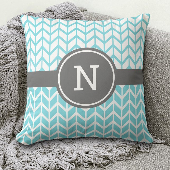 Monogram Turquoise White Chevron Pattern Bold Grey Throw Pillow (Creator Uploaded)