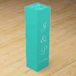 Monogram Turquoise White Wedding Wine Box<br><div class="desc">Pretty bright turquoise wedding favours for your bridal party and reception guests.  Personalize with the Bride and Grooms First Name Initials and Wedding Date in white text.  Thank You is written in white script on top of box.  Designs by TamiraZDesigns.</div>