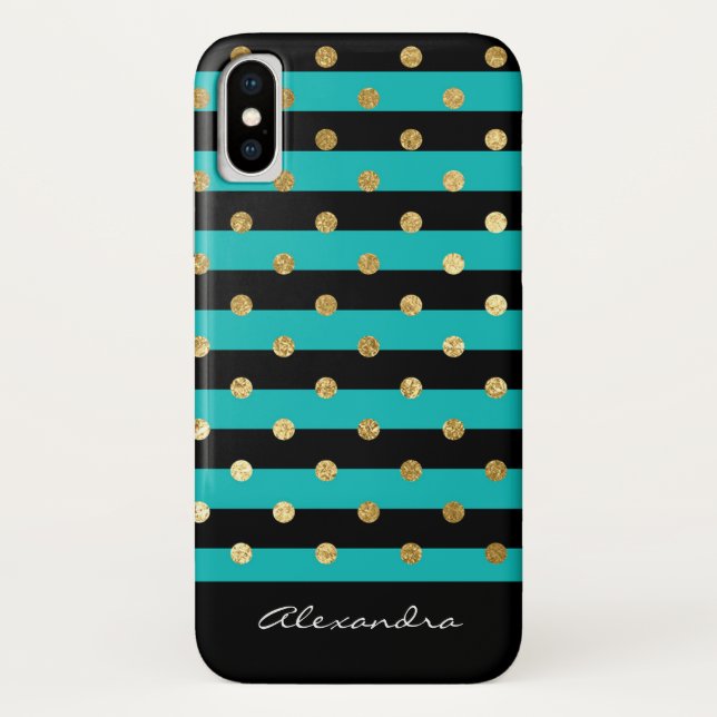 Monogram Turquoise with Black Stripes & Gold Foil Case-Mate iPhone Case (Back)