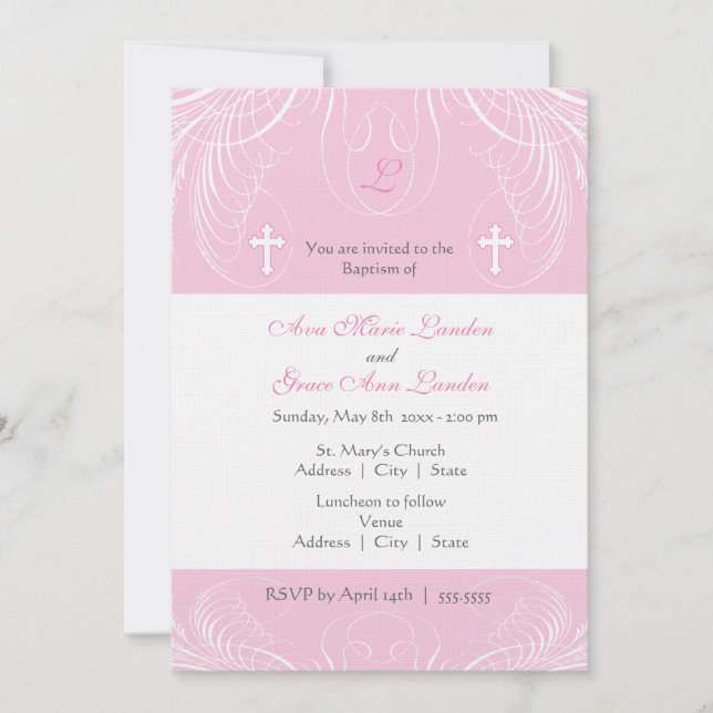 Monogram Twin Girls Baptism Invitation (Front)