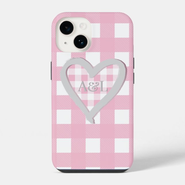 Monogram Two Initials Pink Buffalo Check Heart iPhone Case (Back)