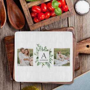 Monogram Two Photos Personalized Greenery Frame Cutting Board