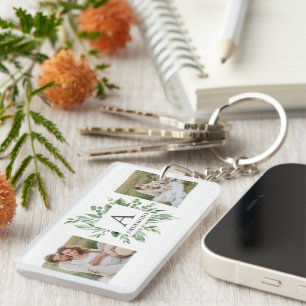 Monogram Two Photos   Personalized Greenery Frame Keychain