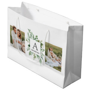 Monogram Two Photos   Personalized Greenery Frame Large Gift Bag