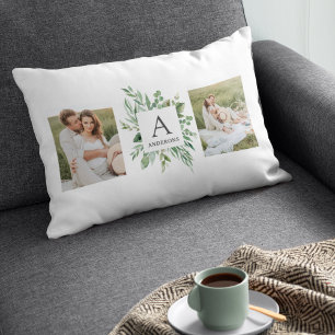 Monogram Two Photos   Personalized Greenery Frame Lumbar Pillow