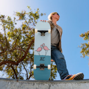 Monogram Two Pink Flamingos on the Water Quote Skateboard