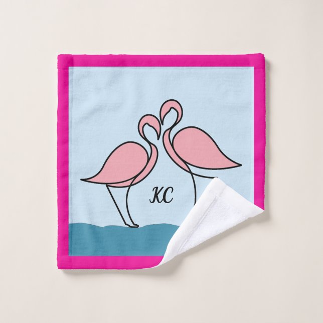 Monogram Two Pink Flamingos on the Water Wash Cloth (Wash Cloth)