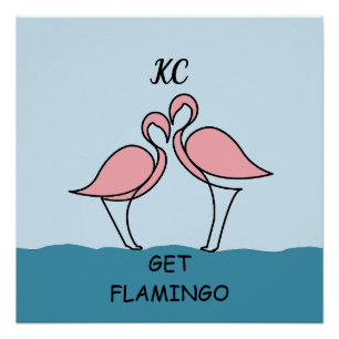 Monogram Two Pink Flamingos on Water Quote Glossy Poster