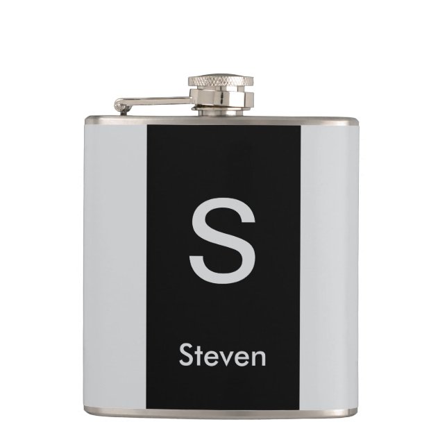 Monogram Two Tone Modern Black and Grey Hip Flask (Front)