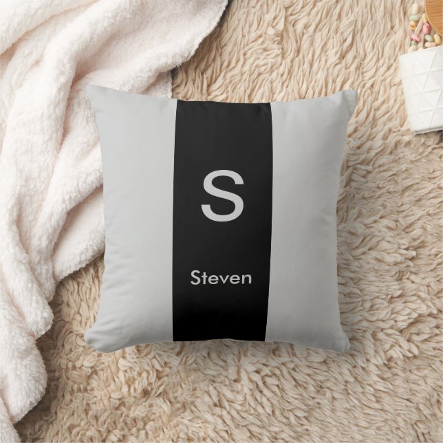 Monogram Two Tone Modern Black and Grey Throw Pillow (Blanket)