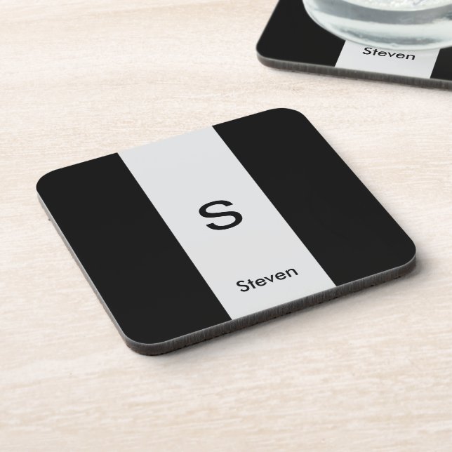 Monogram Two Tone Modern Black and Light Grey Coaster (Left Side)