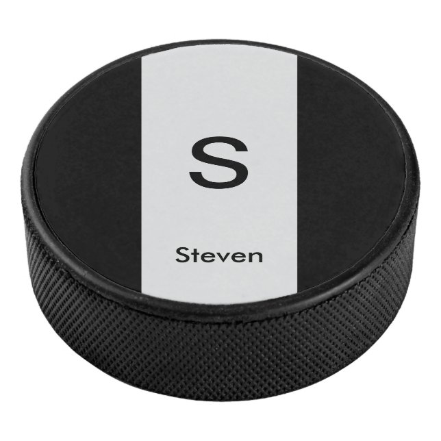 Monogram Two Tone Modern Black and Light Grey Hockey Puck (3/4)