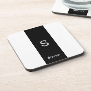 Monogram Two Tone Modern Black and White Coaster