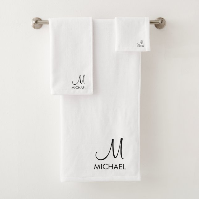 Monogram Typography Black White Custom Initial Bath Towel Set (Insitu)