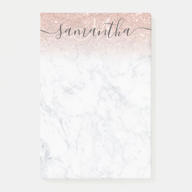 Monogram typography marble rose gold glitter ombre post-it notes (Front)