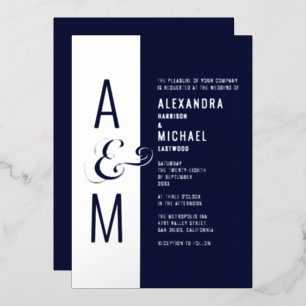 Monogram Typography Navy Blue Silver Wedding