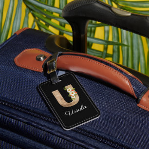 Monogram U black wood letter flower Luggage Tag