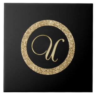 Monogram U, gold on midnight black, Tile