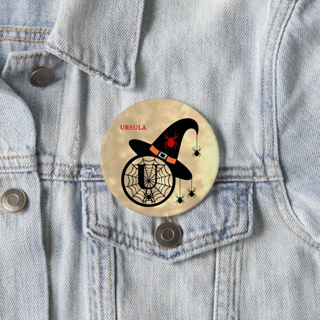 Monogram U Halloween Sky Witch Spiders Name 3 Inch Round Button (In Situ)