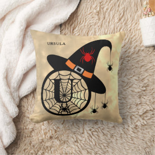 Monogram U Halloween Sky Witch Spiders Name Throw Pillow