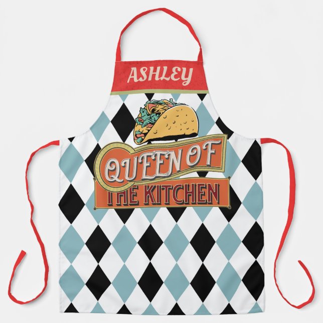 Monogram unique decorative Funny Taco checkered Apron (Front)