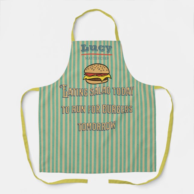 Monogram unique retro Burger Humourous stripes Apron (Front)