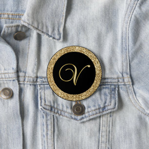 Monogram V, elegant golden script 3 Inch Round Button
