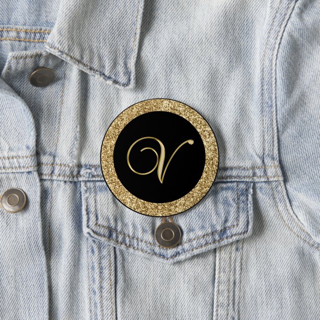 Monogram V, elegant golden script 3 Inch Round Button (In Situ)
