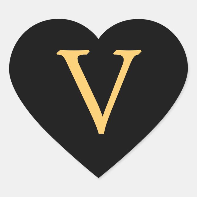 Monogram V,  gold coloured initial V on black,  Heart Sticker (Front)
