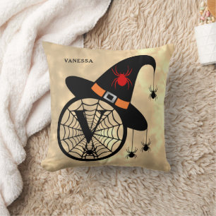 Monogram V Halloween Sky Witch Spiders Name Throw Pillow
