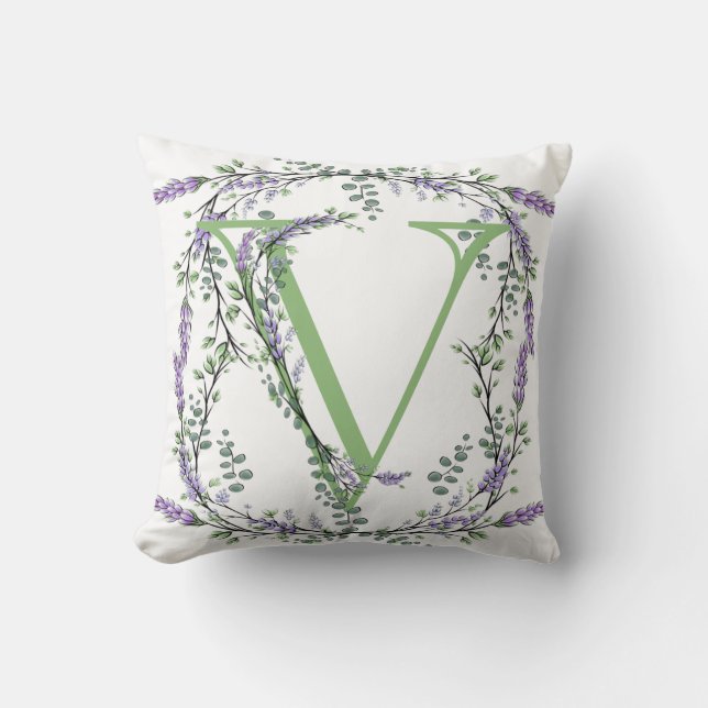 Monogram V Lavender Eucalyptus Throw Pillow (Front)