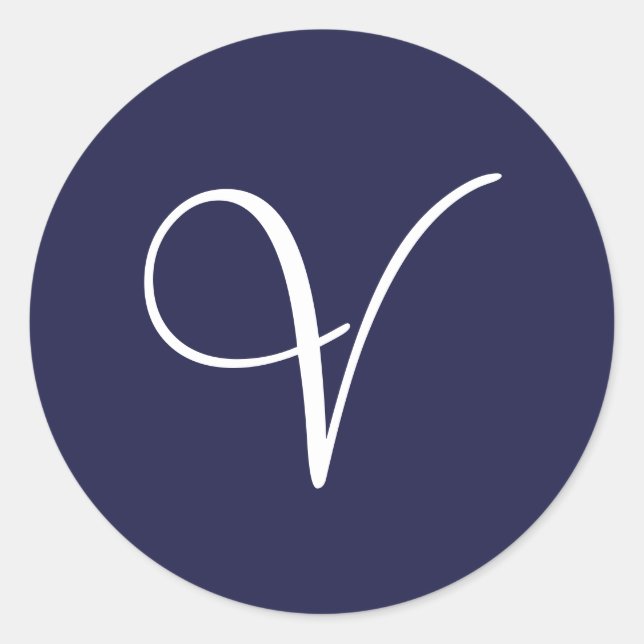 Monogram V, White on Navy Blue, Classic Round Sticker (Front)